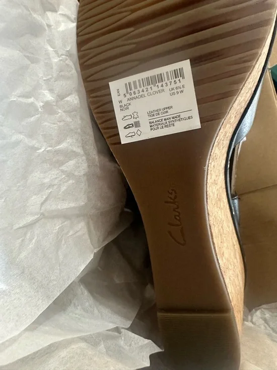 Clarks Black Leather Cork Wedge Sandal - Picture 7 of 14